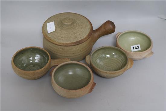 A quantity of St Ives Pottery including a casserole pot and four celadon glazed bowls